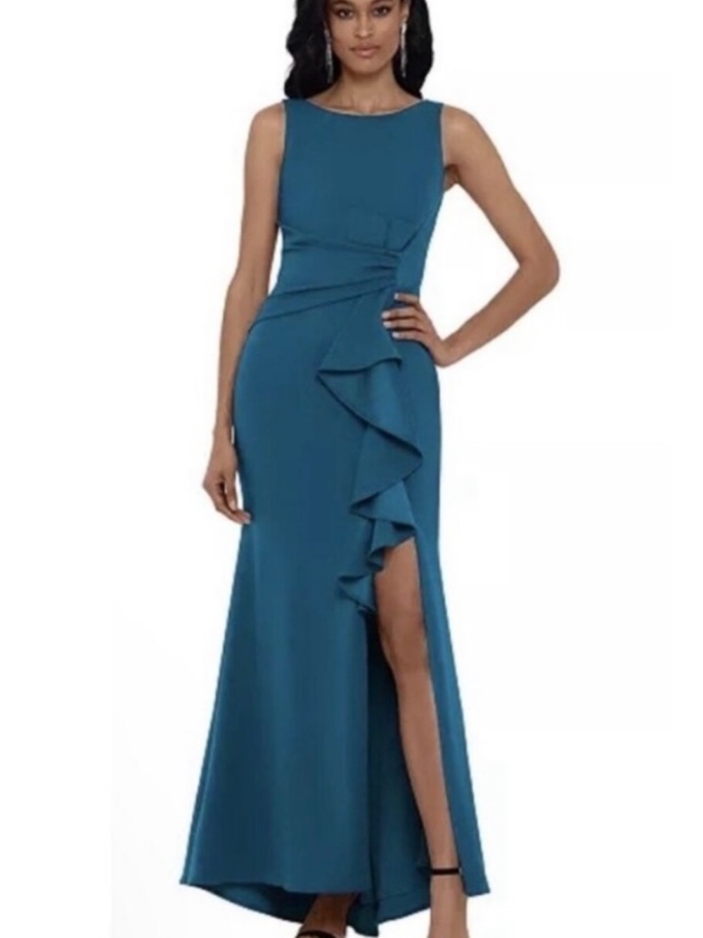 Betsy & Adam/Azure Blue Waterfall Ruffle Slit Sleeveless Gown Dress 6, Like New